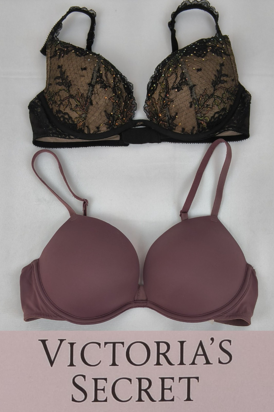 Victoria's Secret Lot of 2 Bras Size 34C Mauve Black Lace Sparkle Push Up #W5458